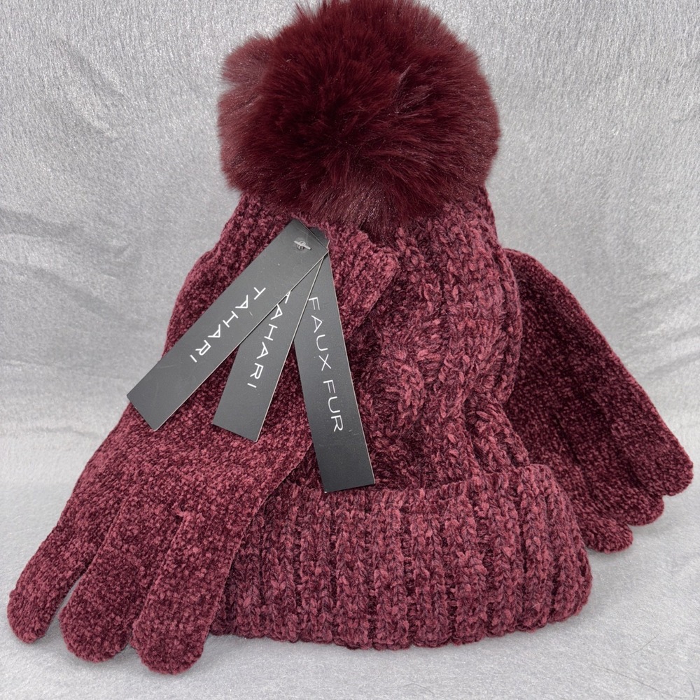 Tahari Pom Pom Knit Chanel Faux Fur Beanie Hat & Matching gloves Burgundy NWT